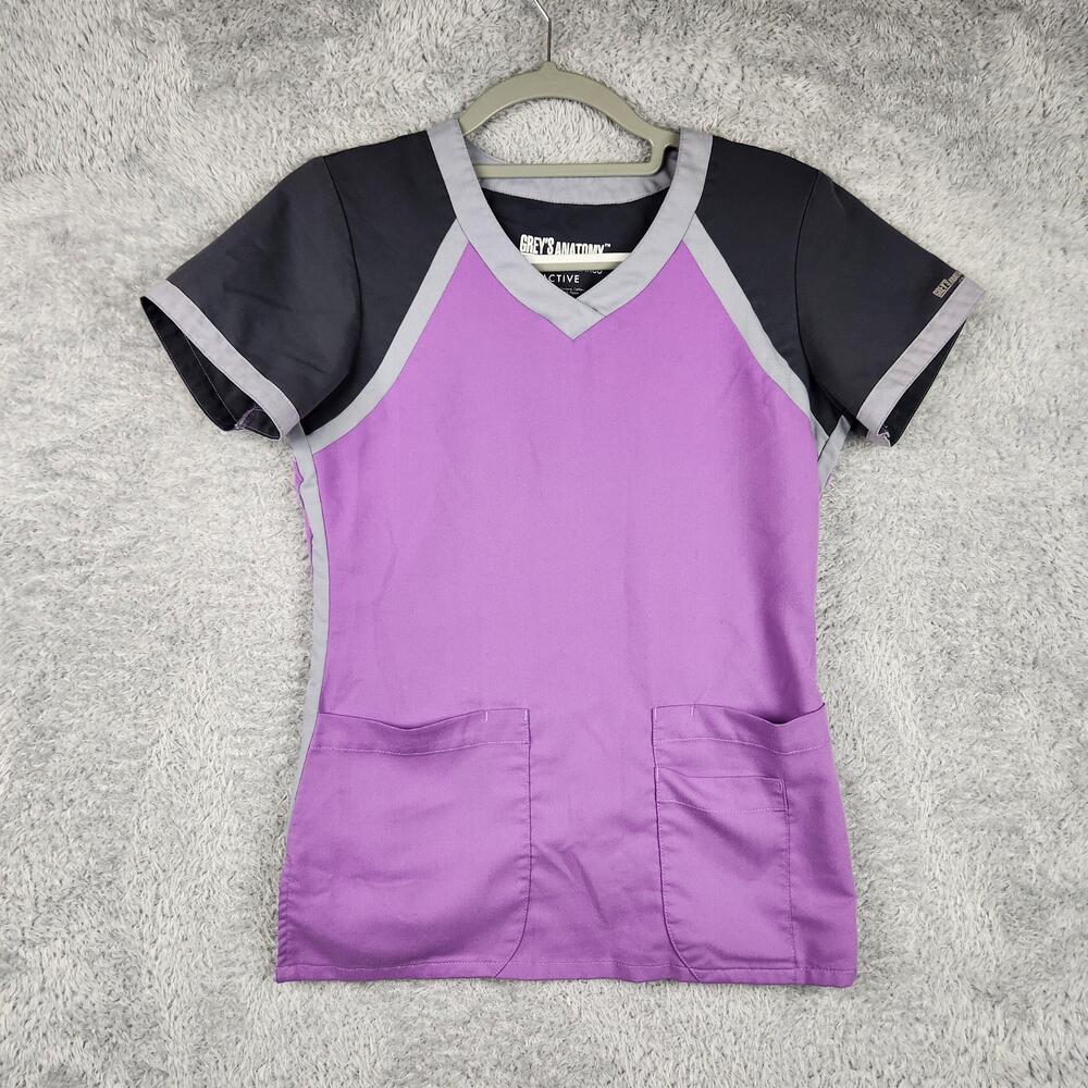 Greys Anatomy Scrub Top Womens XS Purple Gray Active V Neck Pockets Barco Work